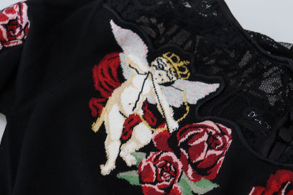 Schwarzer Seidenstrick-Rosen-Engel-Pullover