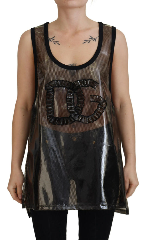 Schwarzes ärmelloses Nylon-Tank-Logo-Top aus Mesh