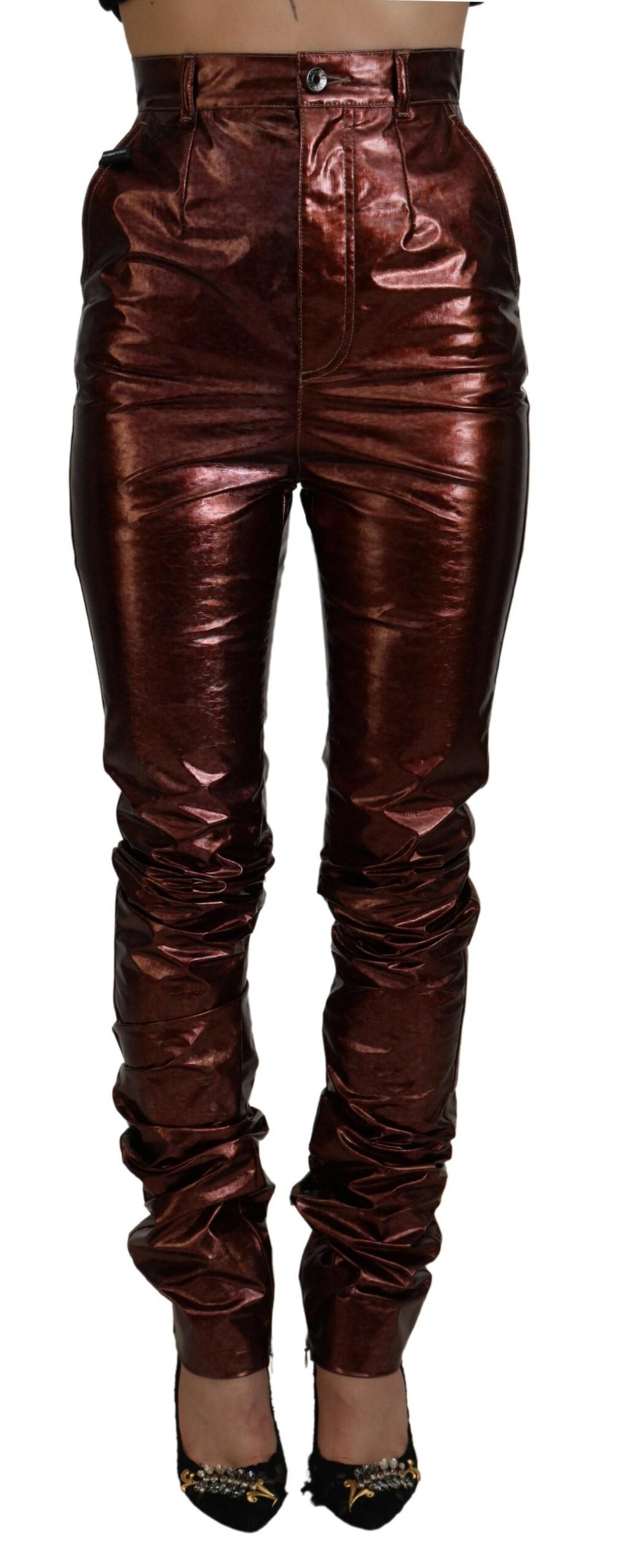 Metallisch bronzefarbene Skinny Jeans mit hoher Taille