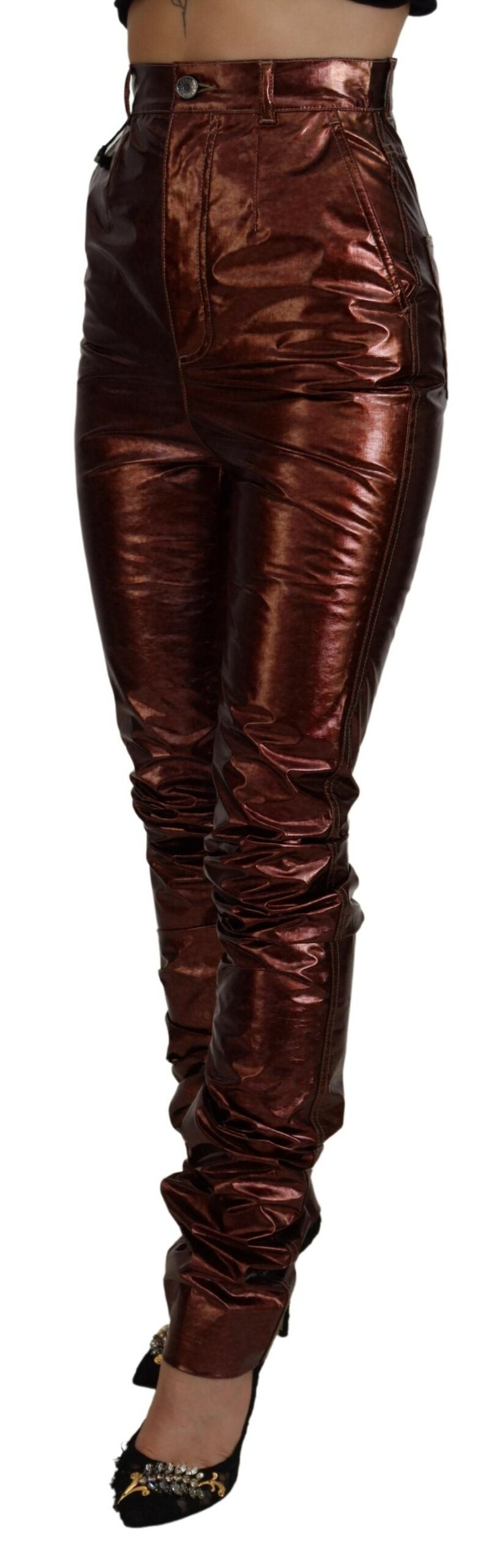 Metallisch bronzefarbene Skinny Jeans mit hoher Taille
