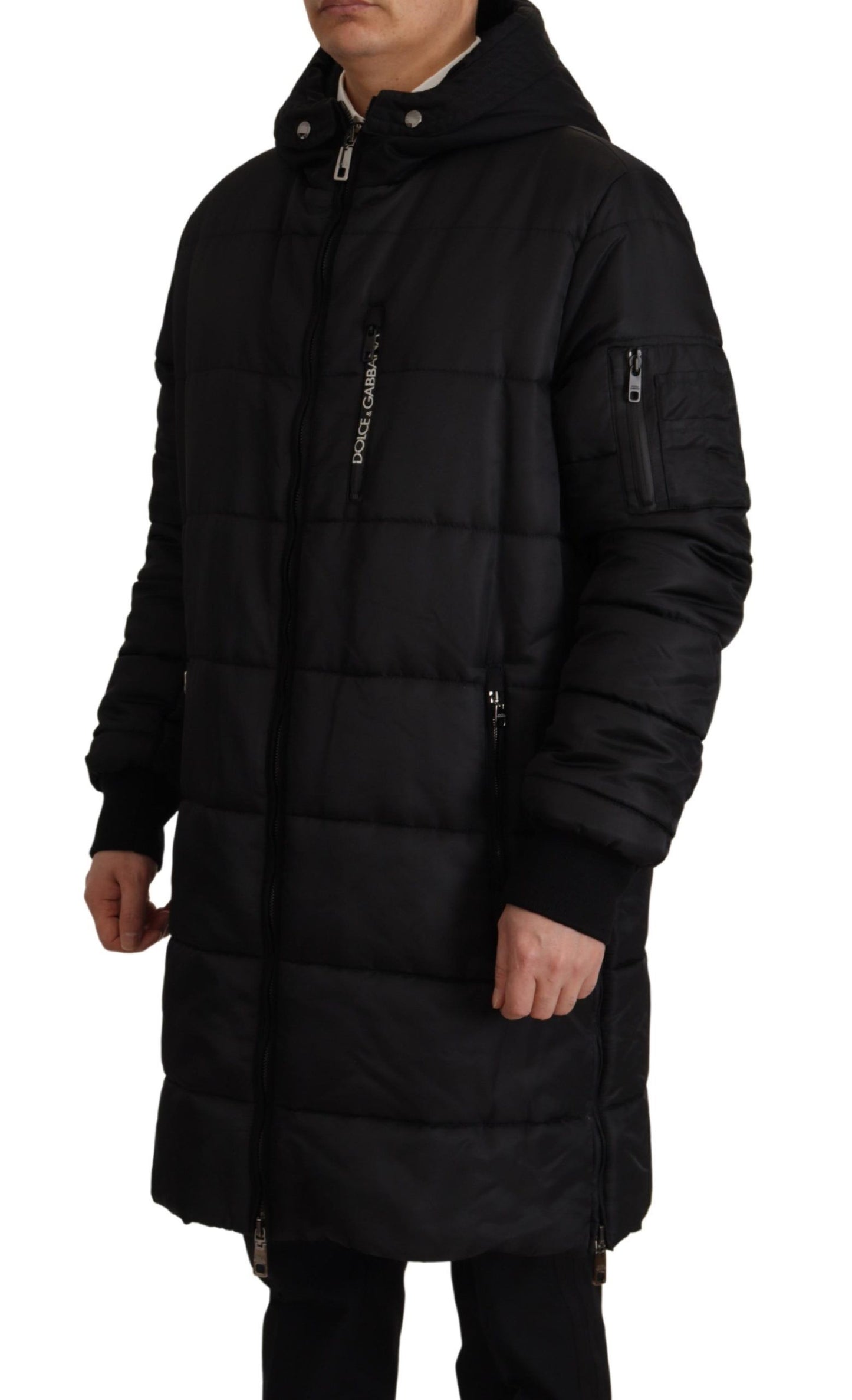 Schwarzer Nylon-Parka-Mantel mit Kapuze Winterjacke