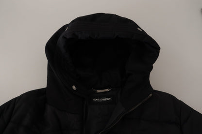 Schwarzer Nylon-Parka-Mantel mit Kapuze Winterjacke