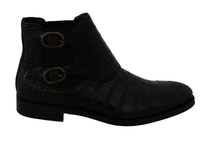 Schwarzes Krokodilleder Derby Stiefel Schuhe