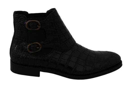 Schwarzes Krokodilleder Derby Stiefel Schuhe