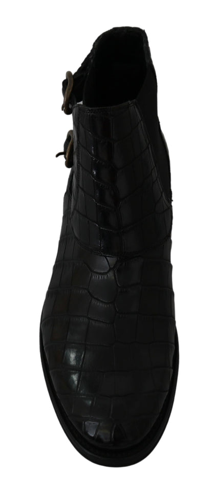 Schwarzes Krokodilleder Derby Stiefel Schuhe