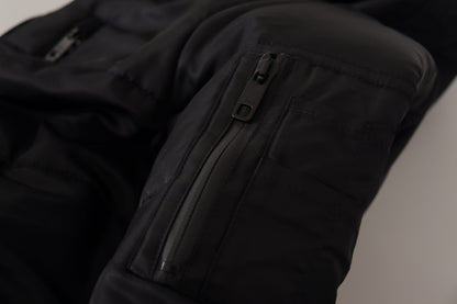 Schwarzer Nylon-Parka-Mantel mit Kapuze Winterjacke