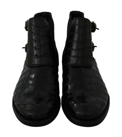 Schwarzes Krokodilleder Derby Stiefel Schuhe