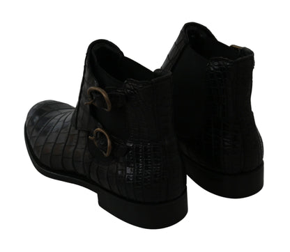 Schwarzes Krokodilleder Derby Stiefel Schuhe