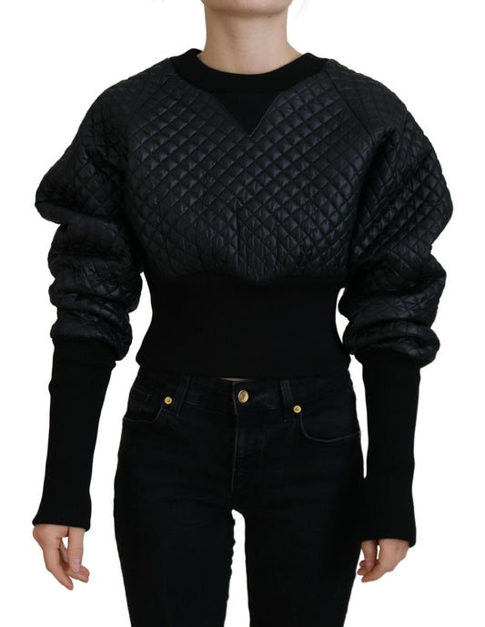Schwarzer Nylon Pullover mit gestepptem Rundhalsausschnitt