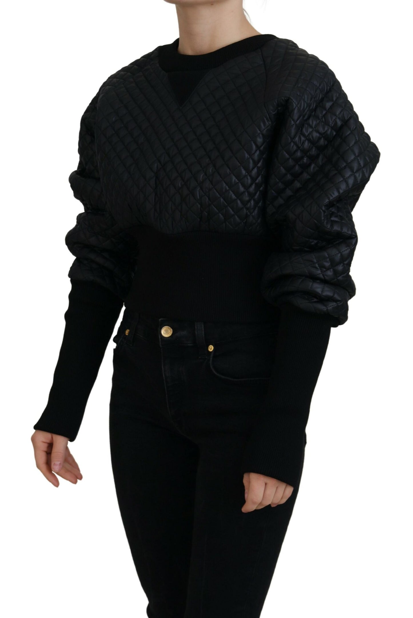 Schwarzer Nylon Pullover mit gestepptem Rundhalsausschnitt