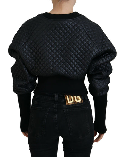 Schwarzer Nylon Pullover mit gestepptem Rundhalsausschnitt