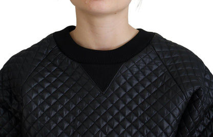Schwarzer Nylon Pullover mit gestepptem Rundhalsausschnitt