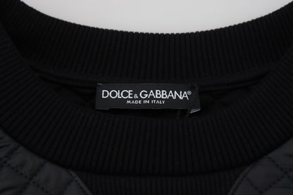 Schwarzer Nylon Pullover mit gestepptem Rundhalsausschnitt