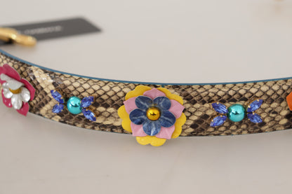 Beigefarbener Pythonleder-Schulterriemen mit floralen Nieten