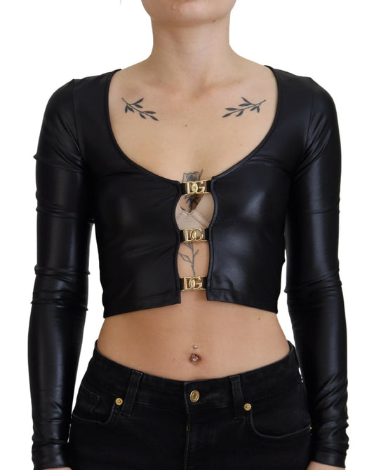 Schwarz-Gold DG Schnalle Langarm-Cropped Top