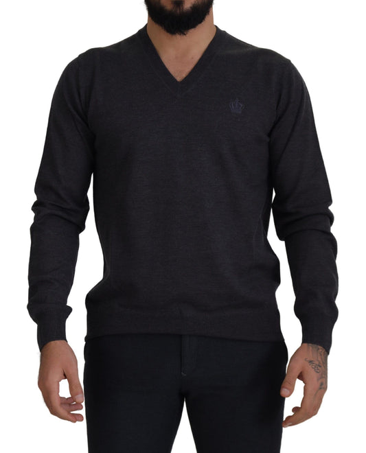 Dunkelgrauer Crown Pullover mit V-Ausschnitt