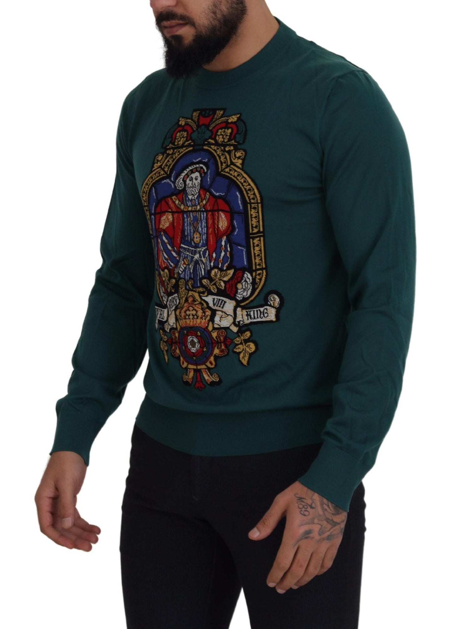 Grüner Henry VIII Pullover mit Rundhalsausschnitt