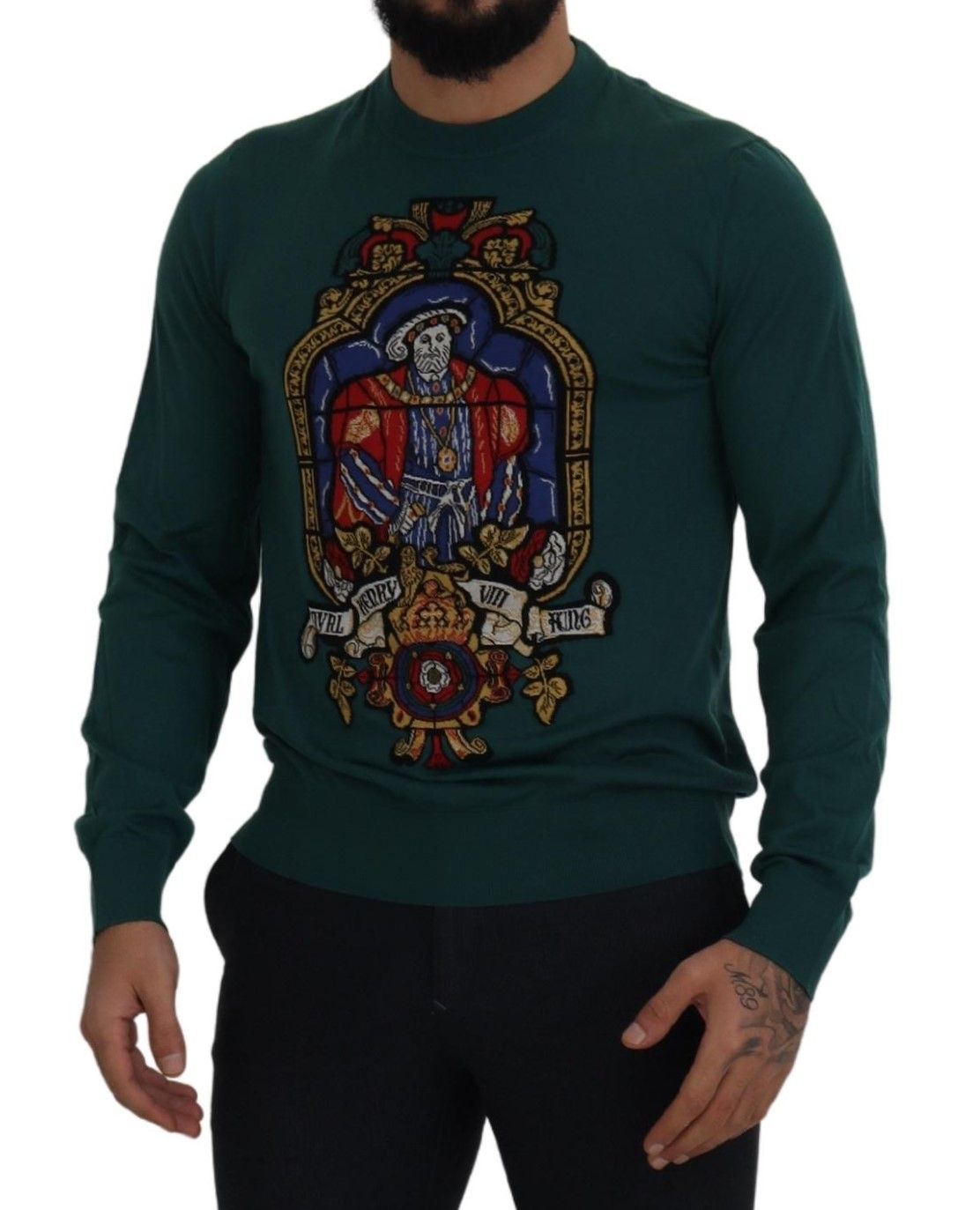 Grüner Henry VIII Pullover mit Rundhalsausschnitt