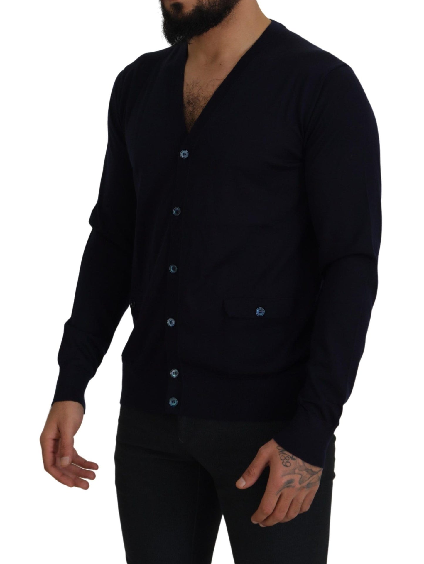 Dunkelblauer Kaschmir-Knopf-Strickpullover