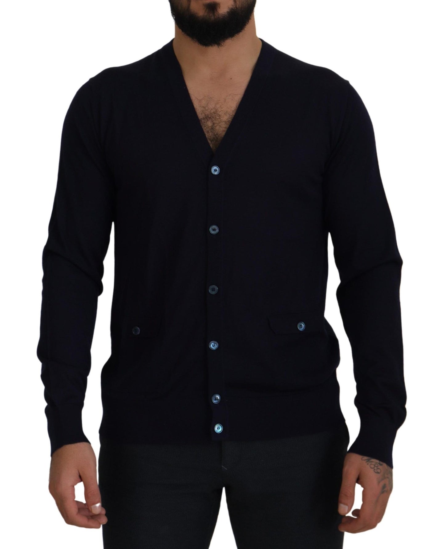 Dunkelblauer Kaschmir-Knopf-Strickpullover