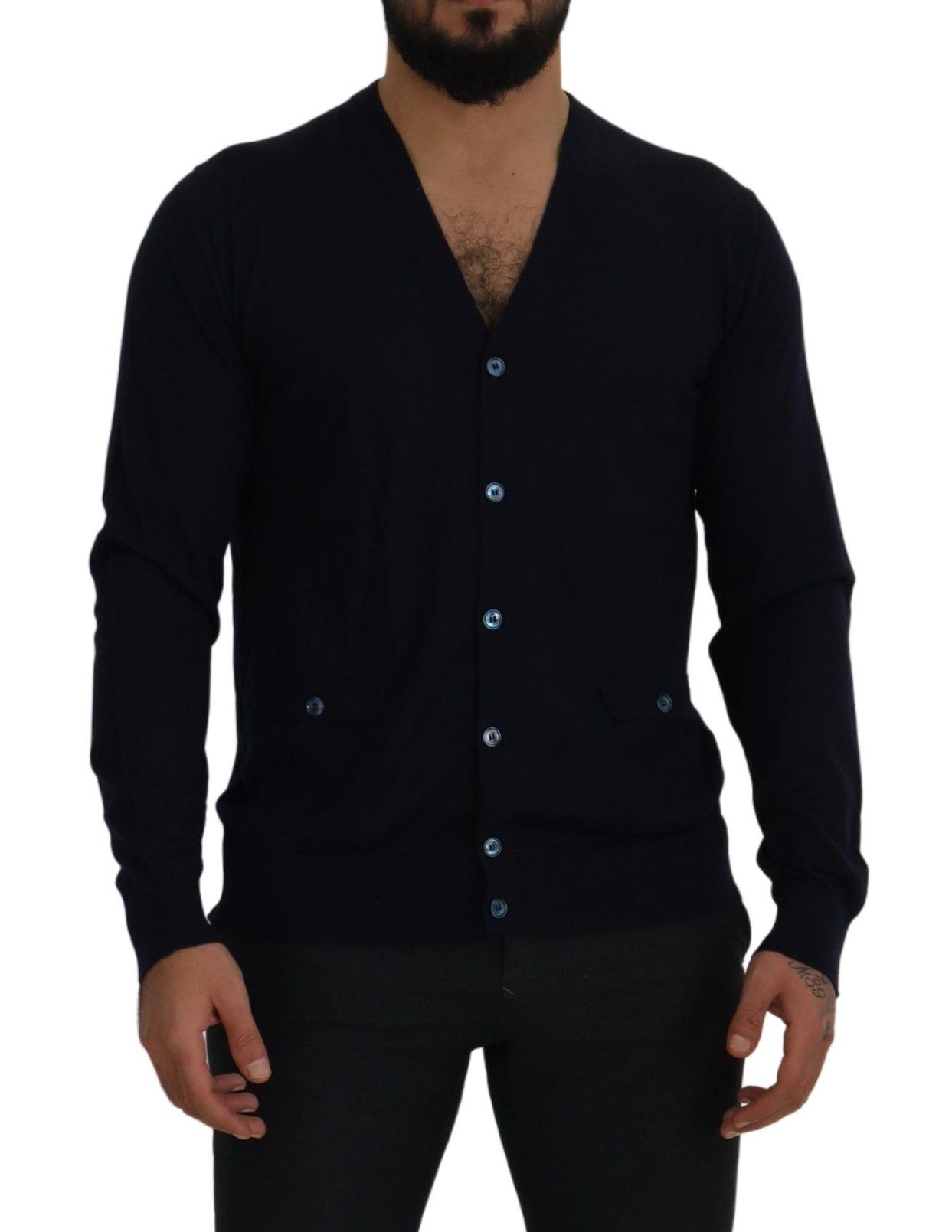 Dunkelblauer Kaschmir-Knopf-Strickpullover