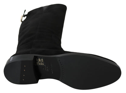 Schwarze kniehohe flache Wildlederstiefel Schuhe