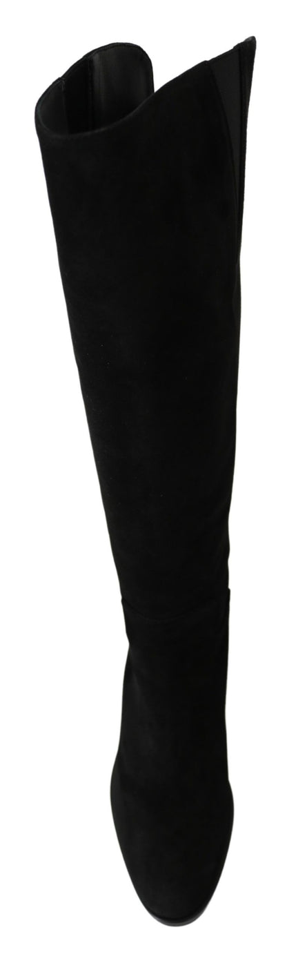 Schwarze kniehohe flache Wildlederstiefel Schuhe