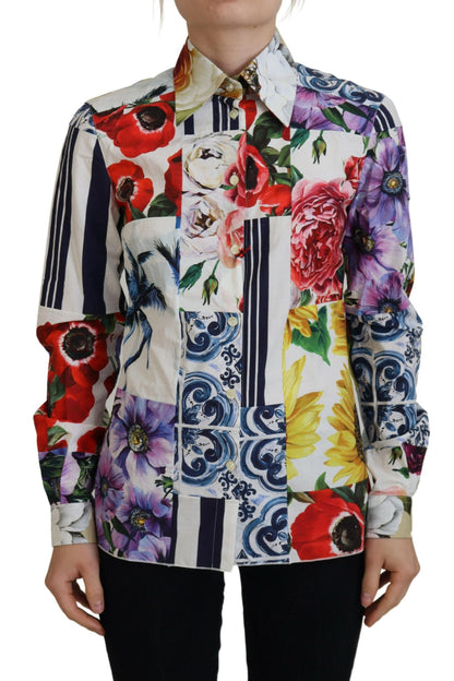 Multicolor Floral Baumwollbluse mit Kragen