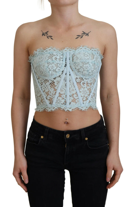 Blaues trägerloses Bustier-Crop-Top mit floraler Spitze