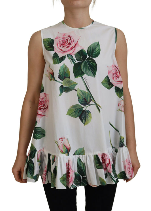 Weißes ärmelloses Tank-Top mit Rosendruck aus Baumwolle