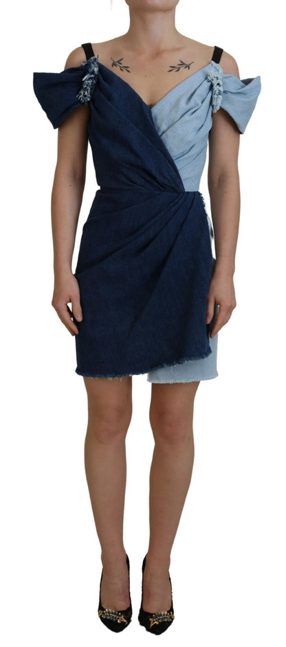 Zweifarbiges blaues Patchwork-Denim-Minikleid