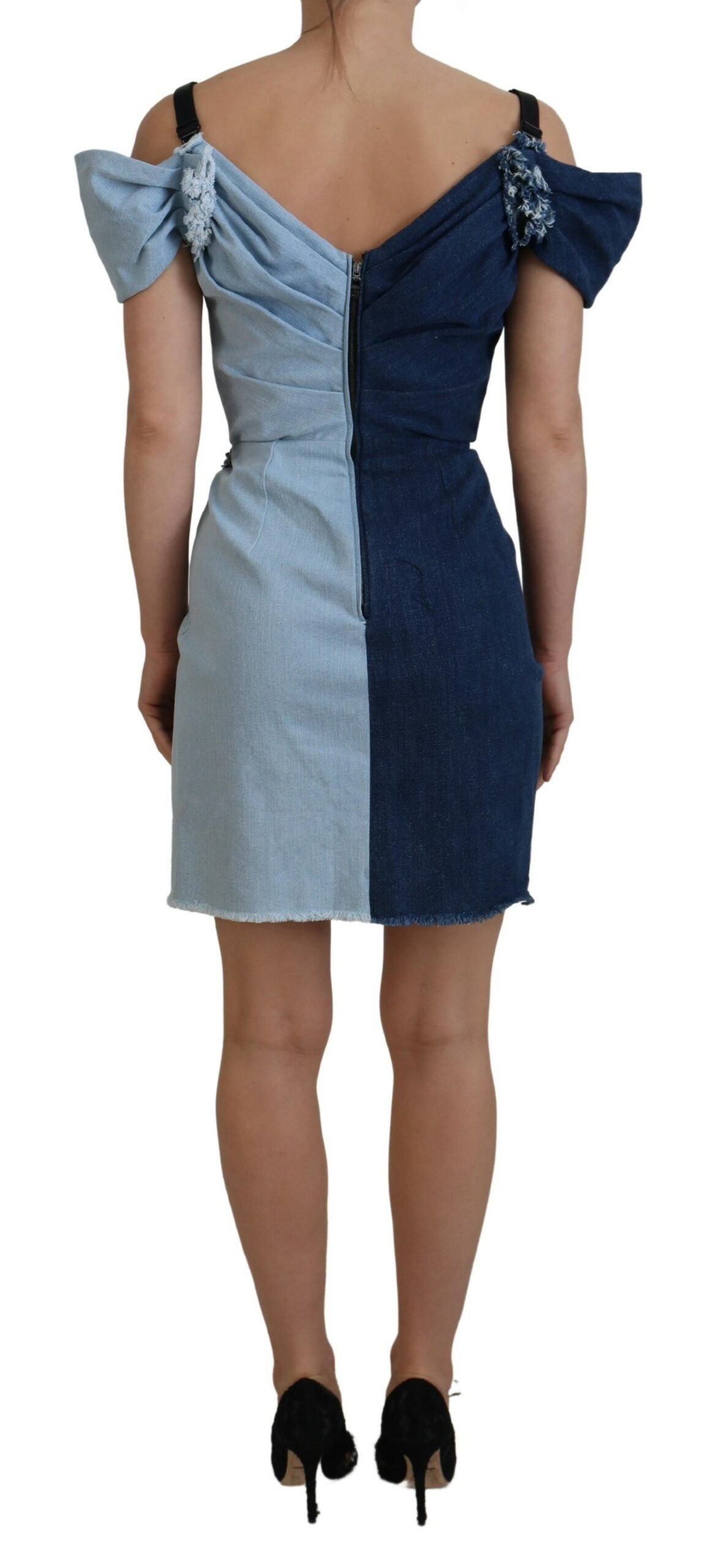 Zweifarbiges blaues Patchwork-Denim-Minikleid