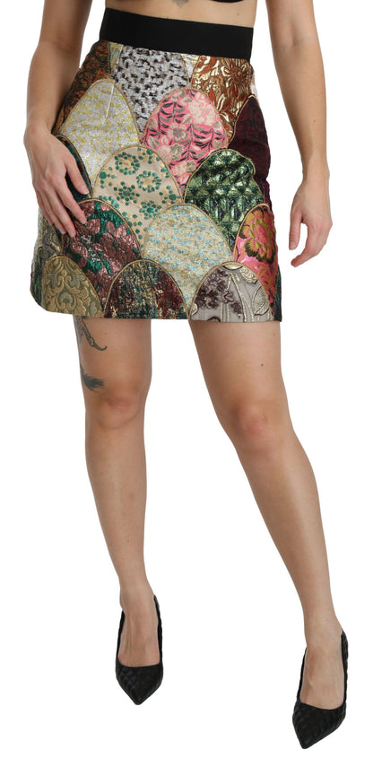 Grüner rosa Jacquard-Minirock mit hoher Taille