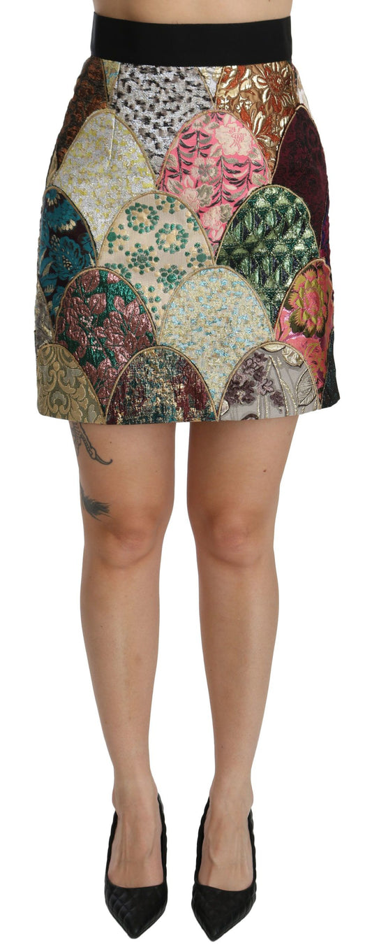 Grüner rosa Jacquard-Minirock mit hoher Taille