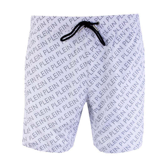 Bedruckte weiße Boxer-Badeshorts