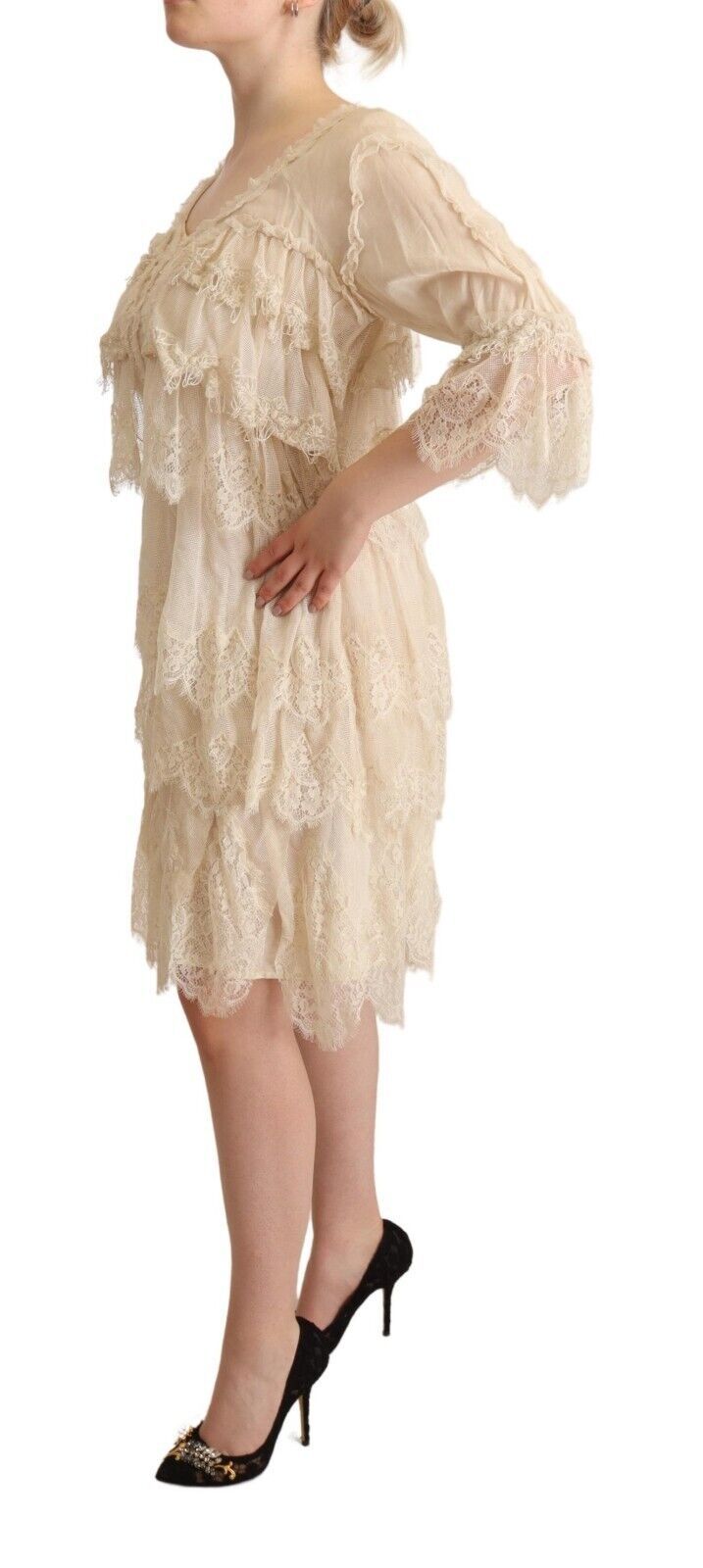 Beige 3/4 Ärmel Geschichtetes Knielanges Kleid aus Spitze