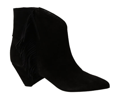 Schwarz Wildleder Leder Frauen Stiefeletten Fransen Schuhe