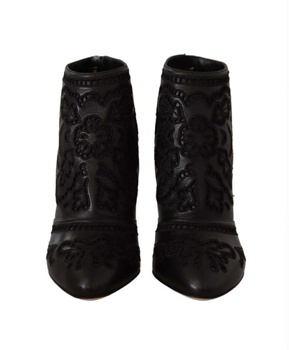 Schwarze Stiletto Spitze Leder Stiefeletten Schuhe
