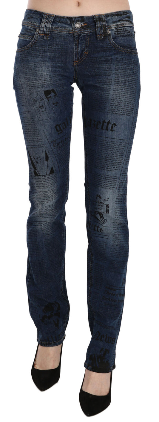 Blaue Skinny Denim-Hose mit Zeitungsdruck und niedriger Taille