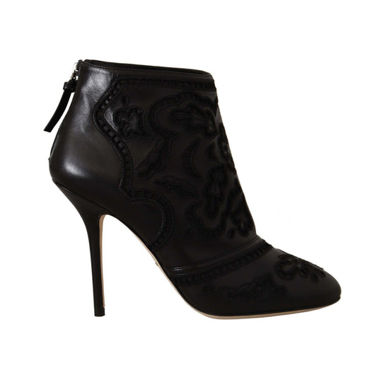 Schwarze Stiletto Spitze Leder Stiefeletten Schuhe