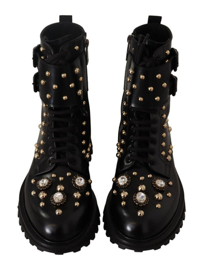 Schwarze Lederstiefel mit Kristallverzierung Schuhe