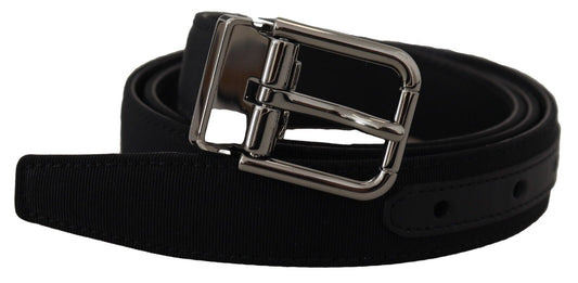 Schwarzer Grosgrain-Leder-Gürtel mit Silberschnalle