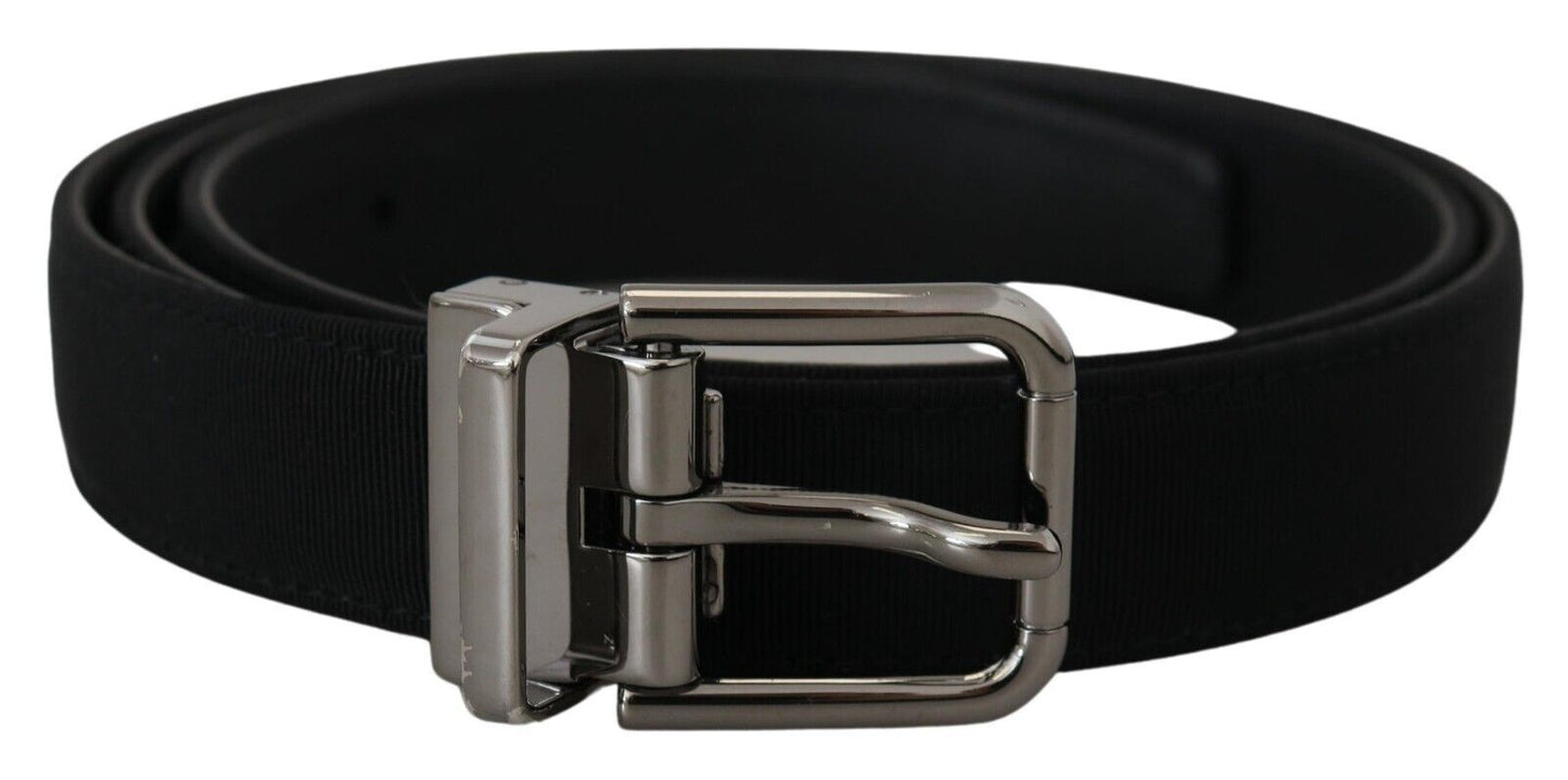 Schwarzer Grosgrain-Leder-Gürtel mit Silberschnalle