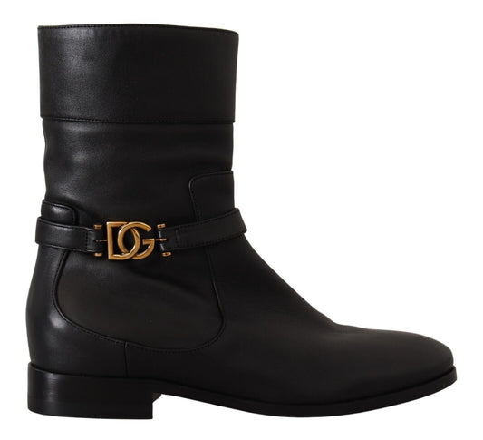 Schwarzes Leder Flats Logo Kurze Stiefel Schuhe