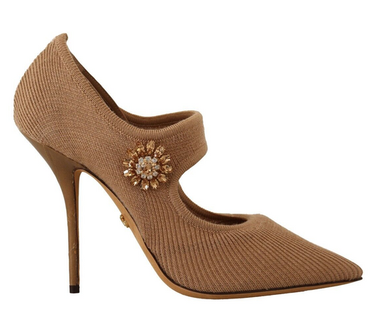 Beige Crystal Pointed Toe Pumps Mary Jane Schuhe