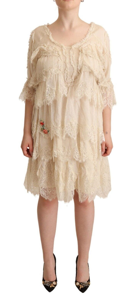 Beige 3/4 Ärmel Geschichtetes Knielanges Kleid aus Spitze