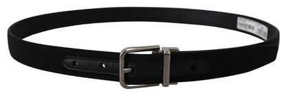 Schwarzer Grosgrain-Leder-Gürtel mit Silberschnalle
