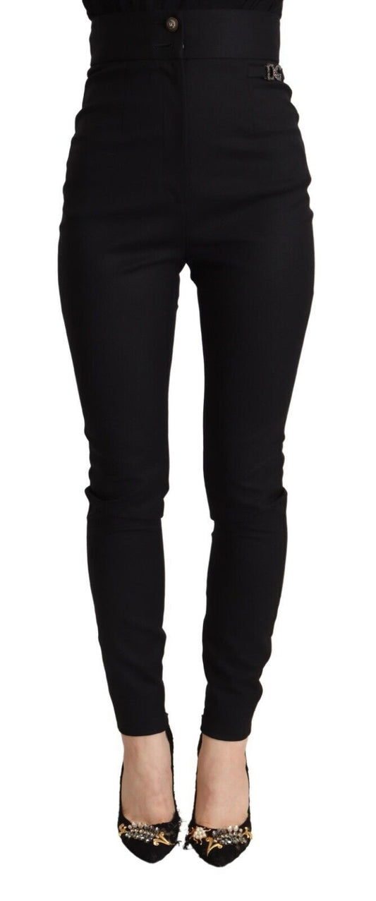 Amore Logo Slim Fit Hose aus schwarzer Wolle mit hoher Taille