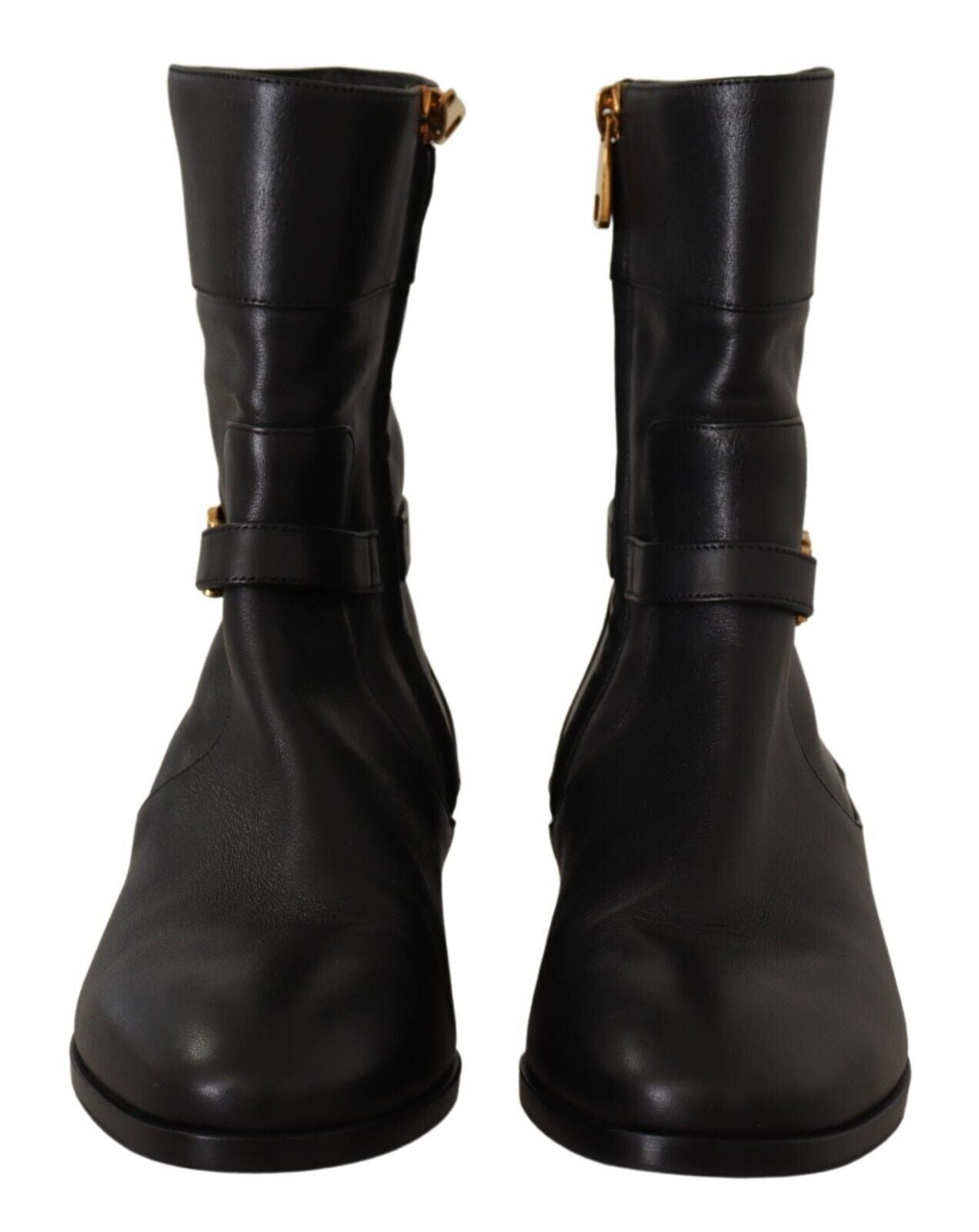 Schwarzes Leder Flats Logo Kurze Stiefel Schuhe