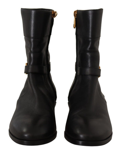 Schwarzes Leder Flats Logo Kurze Stiefel Schuhe